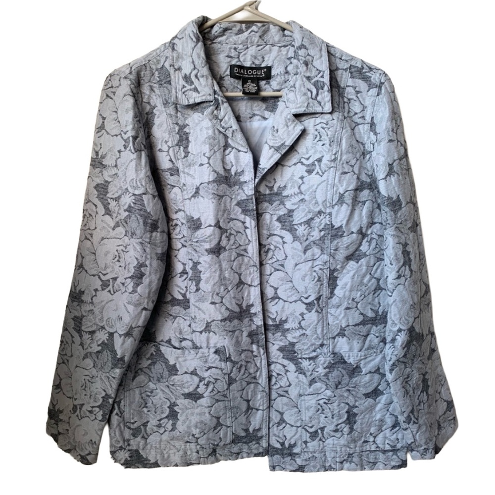 DIALOGUE Women’s Blue Tapestry Long Sleeve Linen Cotton Open Front Lined Blazer